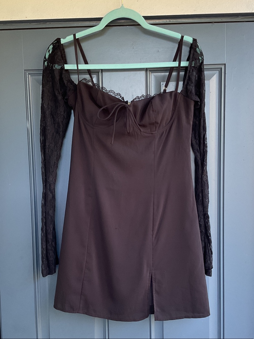 Princess Polly Black Satin Mini Dress with Black Lace Sleeves, Size 6